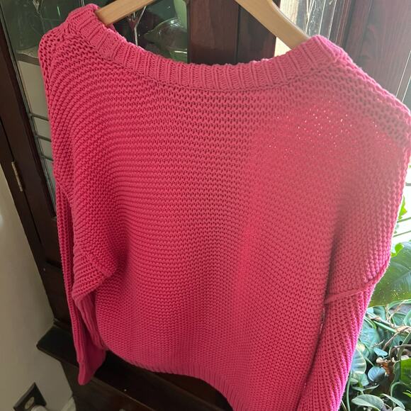 Free People Fuchsia Cozy Cable Knit Sweater S Chunky Cotton Blend Boho Knitwear - Picture 9 of 17